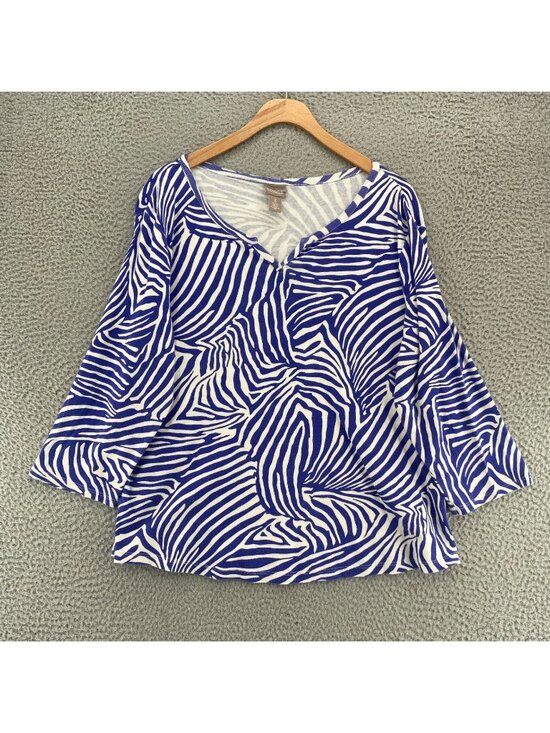 Chico's Tops - Chicos Top Womens 3 US Extra Large Blue Zebra Stripe Cotton Knit Tee Split Neck